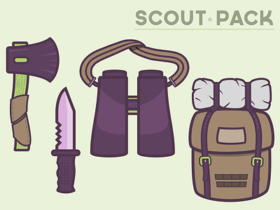 Scout Pack adventure axe backpack binoculars boy scouts camping flat knife outline rucksack sleeping bag vector