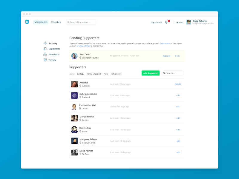 Homefront Supporters List featured web app minimal list missionaries church