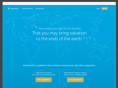 Homefront Homepage church landing page minimal missionaries web app