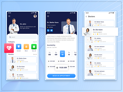 Doctor Consultation & Appointment App android app app screens consultation dental design doctor app doctor appointment health app heart ios app mobile app mockup neuro specialist surgeons ui ux