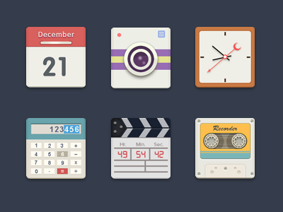 Icons calculator calendar camera clock flat gris icon recorder videos
