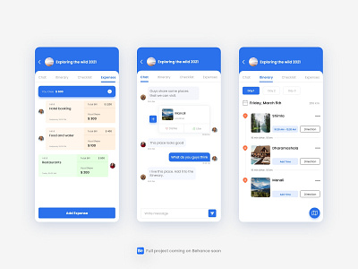 Trip Planner App adobe xd app chat design expense explore itinerary manage mobile plan route travel trip ui