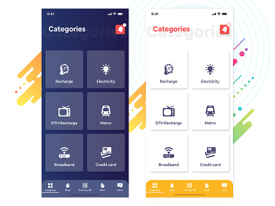 Category UI Design ~ Dark vs White Theme card design card ui categories category category page comparison electricity grid home home screen recharge shop shopify shopping app tab bar theme theme design theme ui ui uidesign