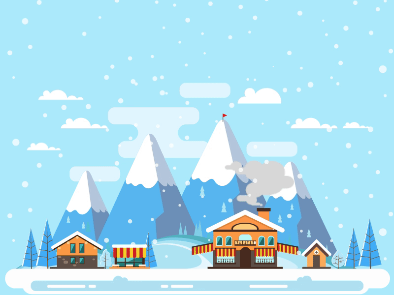 Snowfall flat design animated illustration gif smokes houses snowfall