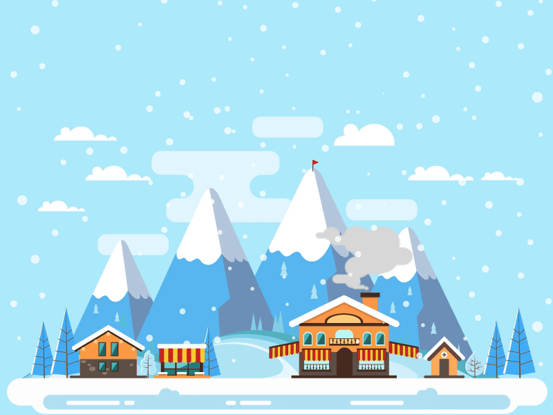 Snowfall animated flat design gif houses illustration smokes snowfall