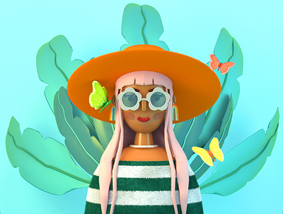 The Butterfly Girl 3d 3d artist 3d character animation arnold botanical butterfly c4d character design design fashion floral girl green illustration motion graphics ui women