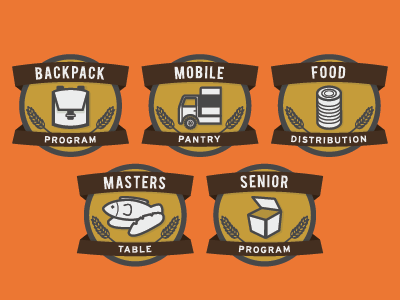 Golden Harvest Food Bank program logos. backpack badge banner box fish food food bank icon illustration logo truck