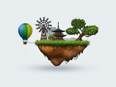 Island (color) balloon blue brown grass green island mill orange pagoda soil tree