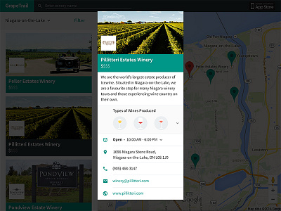 GrapeTrail - Web Tool - Winery Profile content screen listing view material design modal profile web app