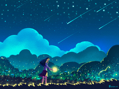 Fireflies & Stars art blue cartoon design fireflies illustration light star