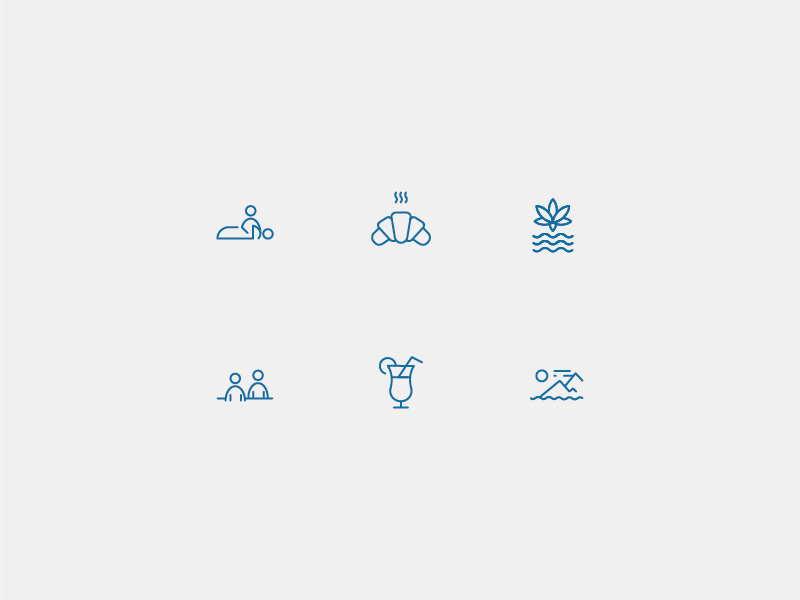 Relaxing holidays icons set dinner landscape mountains cocktails spa croissant massage holidays relaxing icons
