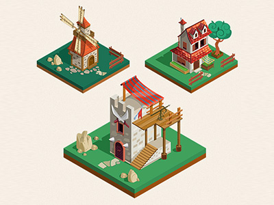 Medieval Buildings isometric style 2d building cartoon color game house illustration isometric medieval nice tiles vector