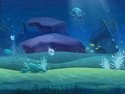 Underwater environment concept animation blue bubbles concept design fishes game ocean sea ship waves