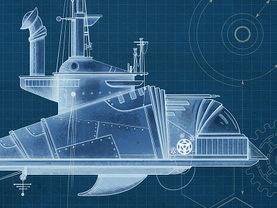 Submarine blue print concept design illusrtation print ship steampunk submarine