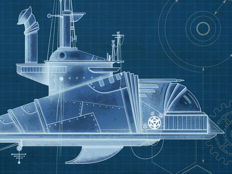 Submarine blue print steampunk design concept illusrtation print ship submarine