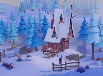 Tiny house 3d art background cartoon concept digital house illustration modeling nice tree winter