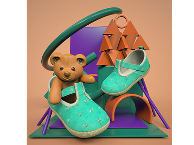 baby shoes 3d 3d art advertising baby branding cinema4d design graphic design green octane orange product product design purple shoes