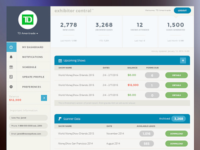 Exhibitor Central Dashboard blue dashboard flat flat design icons invoice leads ui web