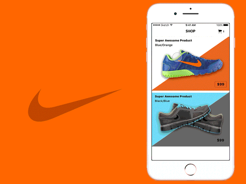 iOS App Animation Add to Cart animation cart circle favorite ios nike product scale shoe shop ui ux