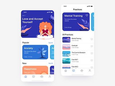 Meditation iOS app - Home and Practices screens illustrations meditation app mental health mobile app relaxing app ui ui kit ux