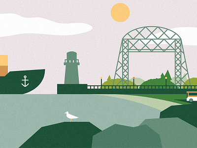 Duluth beach bird bus illustration lift bridge lighthouse ship
