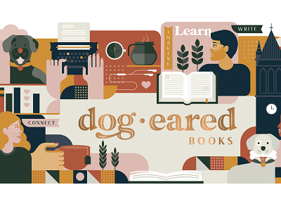Dogeared Books mural 2d ames books bookstore branding community diversity dog flat illustration iowa mural people