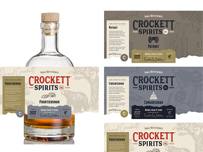 Crockett Spirits Packaging bourbon branding davy crockett frontiersman illustration label outdoors packaging patriot tennessee texture torn edge whiskey