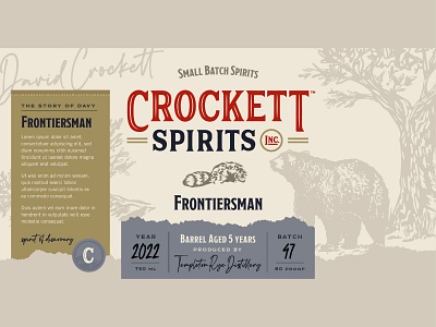Crockett Spirits - Frontiersman label bear bourbon coon hat davy crockett frontiersman illustration label packaging spirits tennessee texture vector whiskey woods