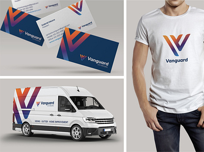 Vanguard Exteriors brand design brand identity business card construction contractor logo vehicle wrap