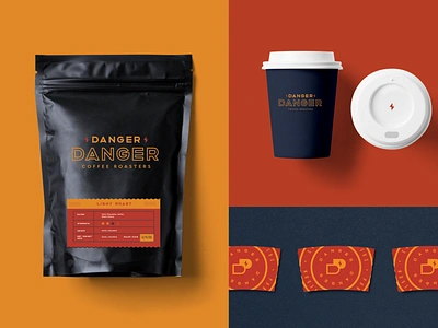 Danger Danger Coffee Products bag brand brand identity branding coffee cup design geometric graphic design icon identity logo logo design mark package packaging seal shop type typography logo