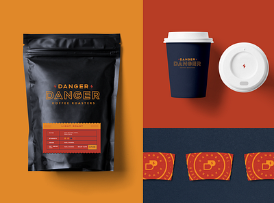Danger Danger Coffee Products bag brand brand identity branding coffee cup design geometric graphic design icon identity logo logo design mark package packaging seal shop type typography logo