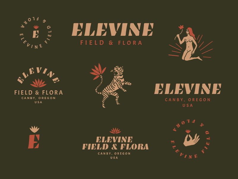 Elevine Field & Flora mark type tiger earth floral drawing illustration logo typography flower hand