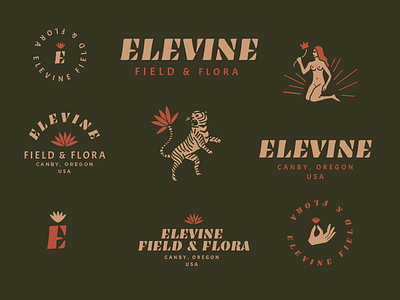 Elevine Field & Flora drawing earth floral flower hand illustration logo mark tiger type typography