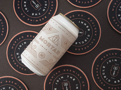 Mortar Coasters beer branding can coaster geometric graphic design hammer icon illustration logo mark package design seal type typography