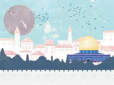 Temple Mount birds buildings colour design drawing illustration jerusalem spiritual places texture