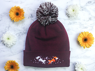 Moonlight Meeting Fox Bobble Hat animal animals beanie bobble hat design drawing embroidered hat embroidery fox foxes hat illustration nature winter hat