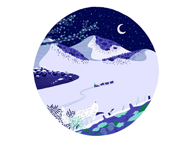 Winter Sled Ride animal botanical christmas design drawing illustration moon nature sled snow travel