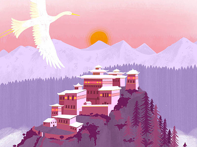 Castle in the Sky animal bird birds colour design drawing forest illustration landscape mountain nature pink sun temple texture watercolour