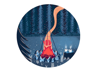 Late Night Tea blue camp camping dark design drawing fire forest illustration light nature night pencil photoshop red smoke tea texture watercolour woods