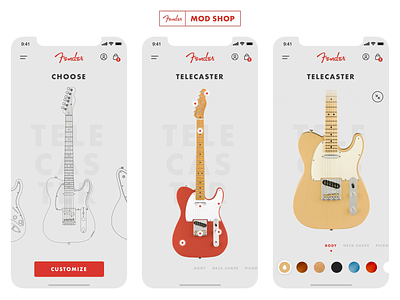 Fender Mod Shop - Concept App animation app concept design fender guitar ios iphone mobile music rock telecaster ui user experience user interface ux