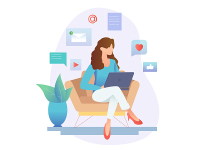 woman with notebook on the couch beautiful beauty business chair communication computer cute girl illustration internet laptop lifestyle modern network notebook people pretty vector woman work