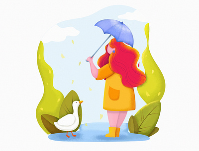 Rainy weather autumn character concept duck female flat girl goose illustration nature park people umbrella vector walk walking woman