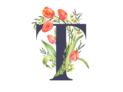 T for Tulip botanical art floral design illustration monogram tulip watercolor
