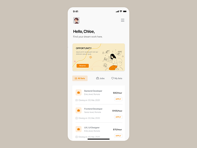 Job finder app UI concept app card design detail page illustration job job listing ui uiux uiuxdesign