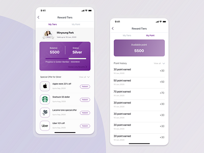 Reward tiers / membership card UI concept by Chloe Wu on Dribbble