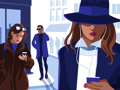 Mobile girl walking blue buildings crossing street illustration itunes phone winter