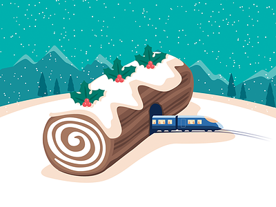 Christmas Train de Noël bûche de noël cake christmas holiday mountains. holly snow train travel tunnel winter