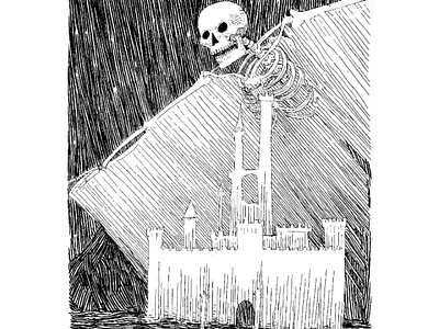 The Omen castle illustration pen and ink skeleton traditional art traditional illustration