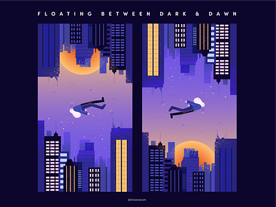 Floating between dark and dawn city dark theme design floating illustration night