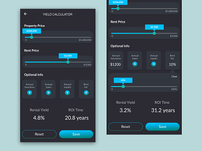 Investment Yield Calculator app applicaiton calculator daily ui daily ui 4 dailyui dark dark app dark theme dark ui investment mobile mobile ui